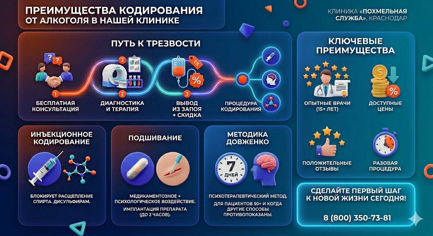 Инфографика о методах кодирования от алкоголя в Козловке: инъекции, подшивание, метод Довженко. Преимущества клиники и этапы лечения.